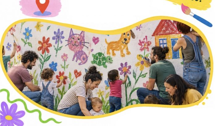 personas y niños pintando paredes